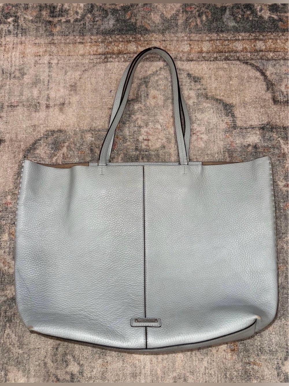 Rebecca Minkoff Large Leather Tote Bag Pale Blue Gray Pebbled Shoulder Purse